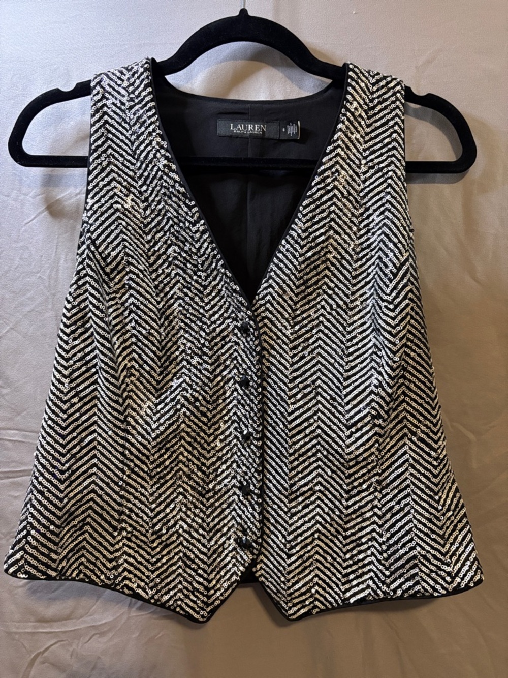 Lauren Ralph Lauren Black and White Sequin Herringbone V-Neck Vest